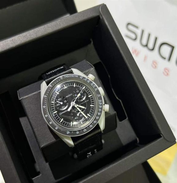 Bioceramic Moonswatch Swiss Quqrtz Chronograph Mens Watch Mission SO33A100 до луны 42 мм настоящей черной керамической металлической серой нейлон 4462729