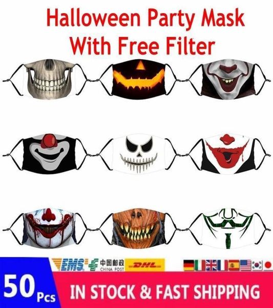 Máscaras de festa 50pcs adultos crianças horror fantasma anime festa máscaras de face de halloween 3d tampa de boca reutilizável de algodão impressa com p4347818