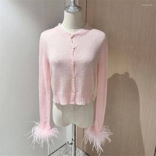 Frauen Strick Brand Design Pelz Patchwork Schulterpolster Langarm gestrickt Strickjacke modische runde Nacken Schlanker Anpassungen exponiert kurz