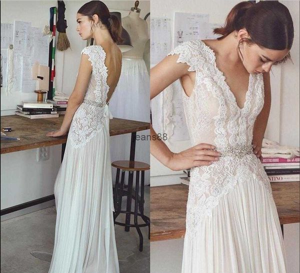 Vestidos de noiva boho lihi hod 2018 vestidos de noiva boêmios com mangas de boné e saia plissada de pescoço em V vestidos de noiva elegantes