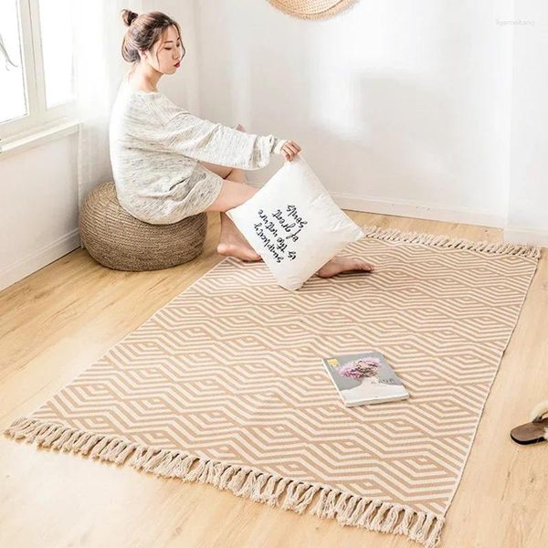 Tapete de tapete japonês quarto retro boho tapete marroquan linho de algodão natural tecido amarelo branco geométrico de cabeceira área de cabeceira