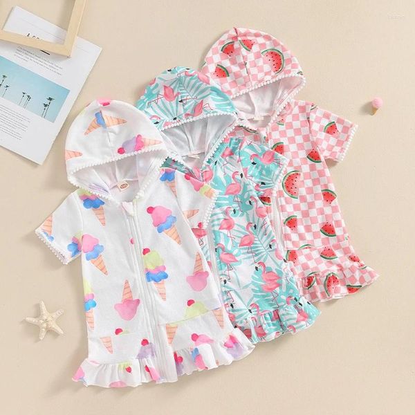 Mädchenkleider Baby Girls Wassermelondruck Kapuze mit Zip-up Badeanzug Decktuch Badeanzug Bademantel Pool Schwimmstrand Robe Kleid Badebekleidung