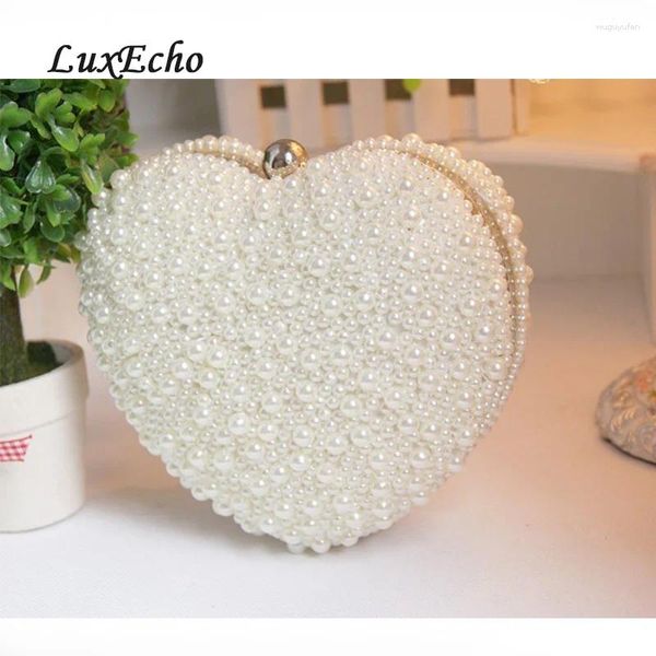 Bolsas de noite Love Large White/Ivory Pearl Heart Dia da embreagem Bolsa feminina Bolsas de noiva de casamento