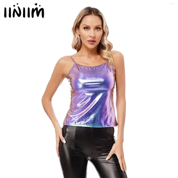 Frauen Tanks Damen Spaghetti -Träger glänzende Metallic Camisole Tank Top für Pole Dance Competition Stage Performance Club Festivals Weste