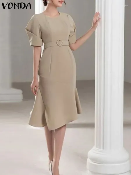 Lässige Kleider Frauen elegantes Kleid Sommer Solid Color Midi Sundress 2024 Vonda Mode Kurzarm