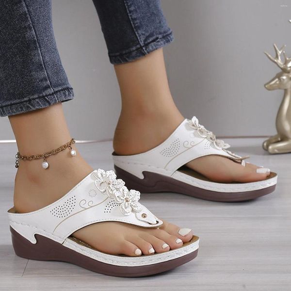 Sandalen Schuhe Frau 2024 Trend Frauen Sommerblumen auf lässigen offenen Zehenkeilen bequeme Strand Zapatos para Damas en Oferta