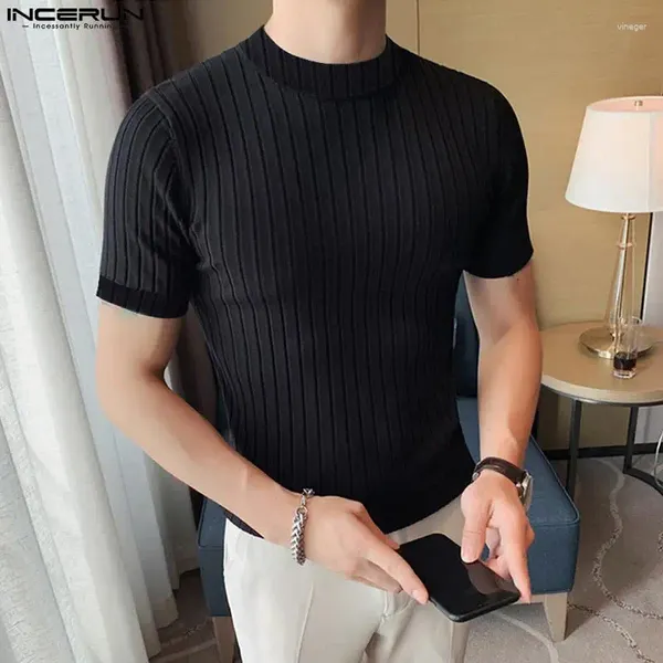 Camicie da uomo che si muovono le top in incerun maschi solidi fossa a strisce maglitte camiseta eleganti magliette a maniche corte elastiche eleganti s-5xl 2024