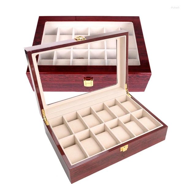 Caixas de relógio Luxury 6 10 12 Slots Caixa de madeira para homens case de vidro real Top de couro falso de couro Faux Organizador