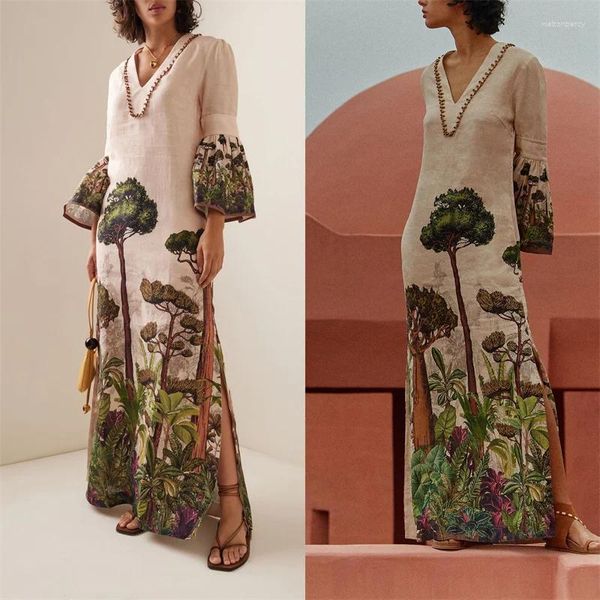 Lässige Kleider Desert Ladies gedruckt ausgestellten Ärmeln V-Ausschnitt Kleid Sommer im Freien Vintage