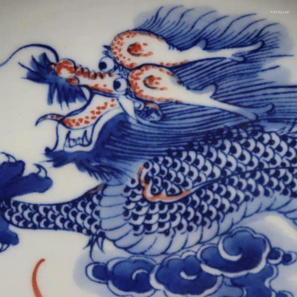 Декоративные фигурки китайский синий и белый фарфоровый Qing King Kangxi Red Glaze Dragon Design Plate 8.66 