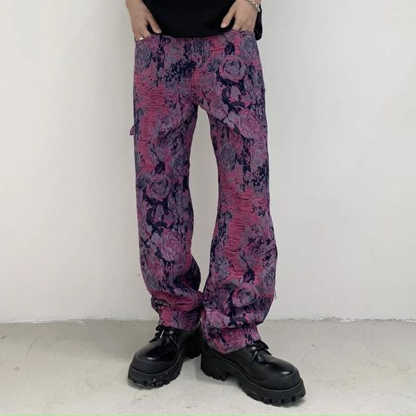 Jeans maschile y2k streetwear ultimo design jacquard viola a flip frangia fitta pantaloni a tutta lunghezza