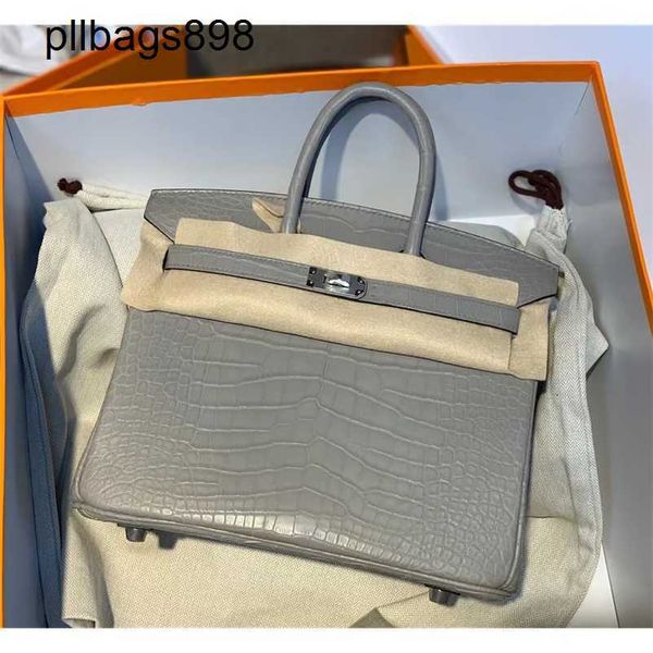 Bikn da borse da 7A fatte a mano in pelle vera pelle crocodile coccodrillo grigio perla con donna da donna da 25 cm.