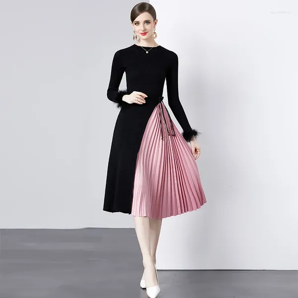 Lässige Kleider Mode Herbst Stricke Patchwork Strauß Haar Langarm Kleid Vintage Frauen O Hals schwarz rosa Hit Farbe Falten Midi