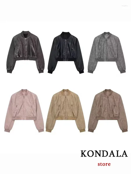 Giacche da donna Kondala chic bomber in vetro in vetro grigio grigio solido a manicotto lungo 2024 cuminino autunno streetwear outwear cool casual