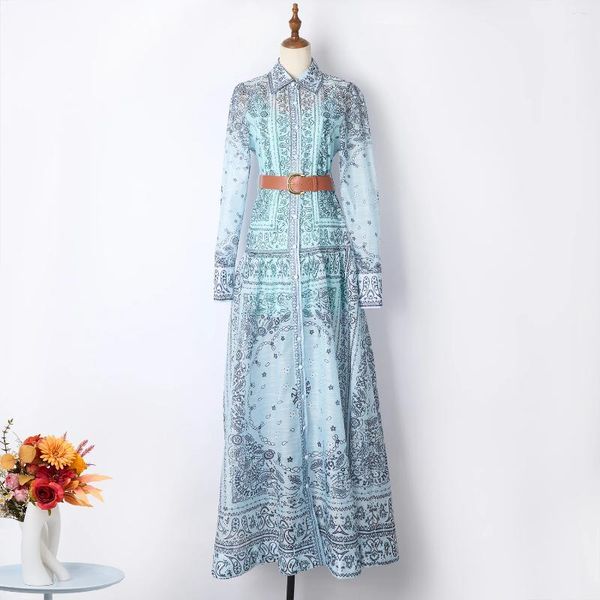 Vestidos de trabalho Primavera 2024 Flouned Long Slave Print Chiffon Belt Belt Down Down Zipper Blue Top Top Skirt Terno