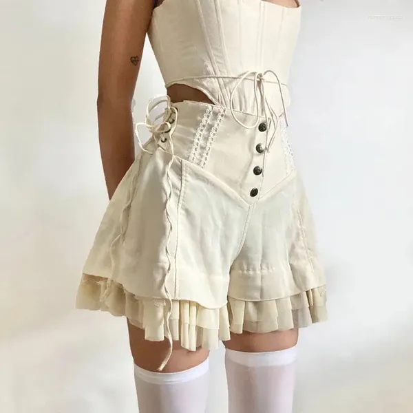 Kadın şort peri fırfırları tatlı kadınlar y2k estetik yüksek bel pantolonları kawaii lolita stil peri sevimli vintage kısa kıyafetler