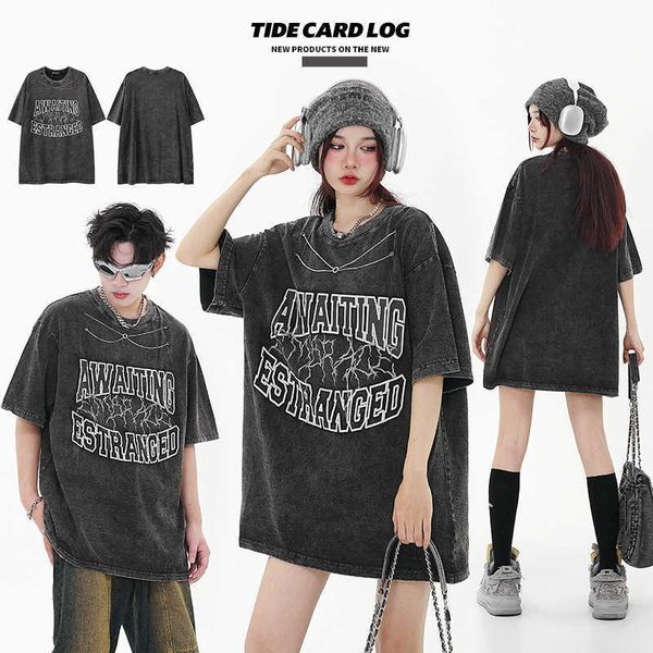 TIDE CARTO TELEMENTO SUMPLEM 240G High Street Trendy Wash Letra Chain de mangas curtas Usando camiseta de corda