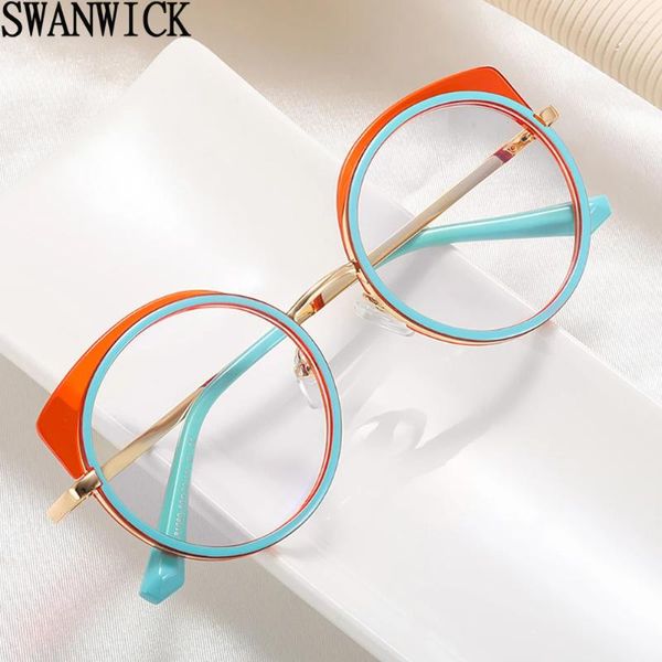 Güneş Gözlüğü Swanwick Anti Mavi Hafif Gözlük Kadınlar Yarım Metal TR90 Retro Yuvarlak Çerçeveler Optik Dişi Pembe Leopar Clear Lens