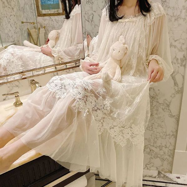 Cute Womens Princess Dress Reyal Style Flower Lace Sleepshirts. Vintage Ladies Girls Gauze Nightwown Nightdress Sleep abbigliamento 240409