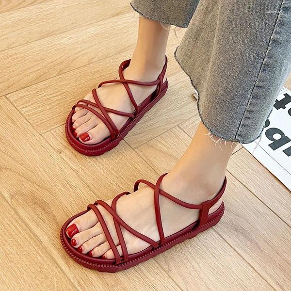 Sandals Fashion Lace Up Women Pvc Flat scarpe fresche e confortevoli netto rosso Zapatos de Mujer