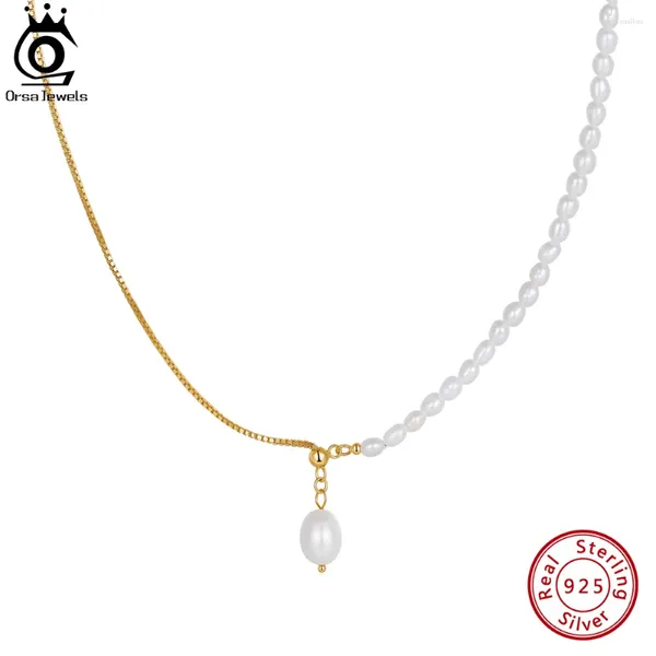 Correntes Orsa Jewels Luxo 925 Sterling Silver Box Chain Meio colar de pérola de água doce com pingente de 8 mm para mulheres jóias gpn64