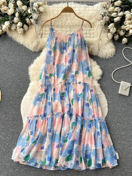 Günlük elbiseler yuoomuoo romantik zincirler kayışlar çiçek baskı uzun elbise kadınlar yumuşak tembel gevşek A-line tatil partisi Kore plaj vestidos