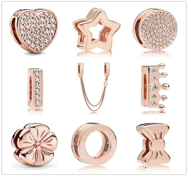 925 fascino in oro rosa in argento sterling bianco zirconia clip perle si adattano a riflessi originali bracciale fai da te donne gioielli regali 8062488