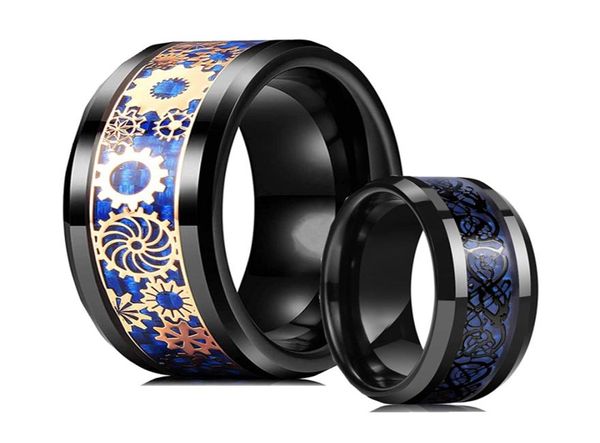 Trendy Men Steampunk Gold Gear Wheel Wolfram Carbid Ringe Vintage Punk Black Dragon Muster Ring Inlay Blau Carbonfaserringe1573482