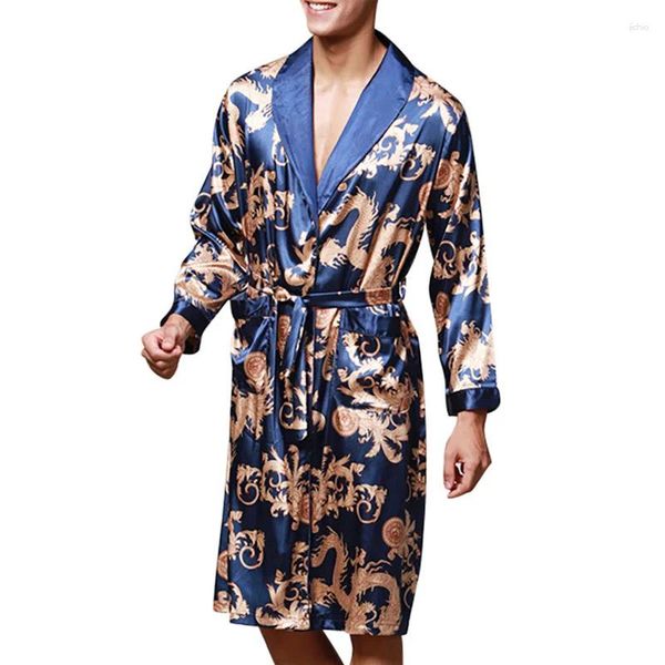 Herren thermische Unterwäsche hochwertige Männer Roben Mode Langarm Bademantel Seide Kimono Print Robe Pyjamas Nachtdressingkleid