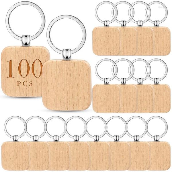 Keychains 100pcs leer quadratische Holzschlüsselketten -DIY -Schlüssel -Tag -Geschenk