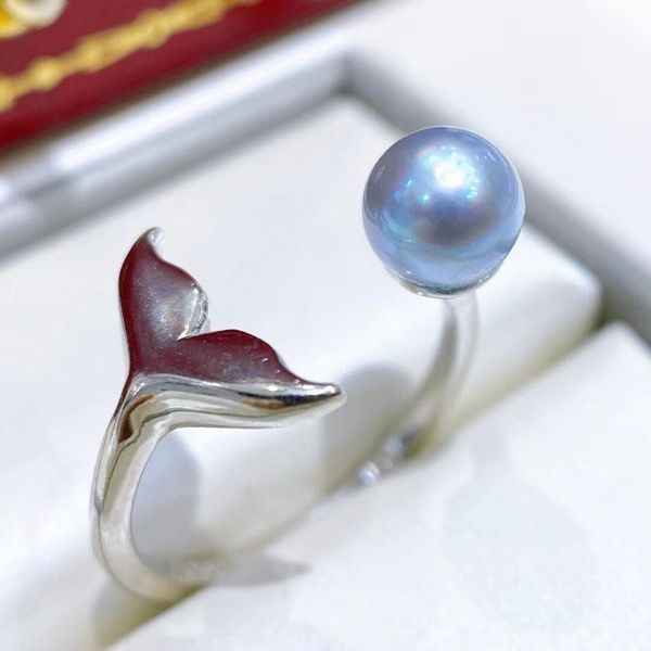22091802 anel de jóias da caixa de jóias 6-6 5mm akoya azul pérola branca banheira de ouro 925 prata de sereia ajustável cauda aberta242q