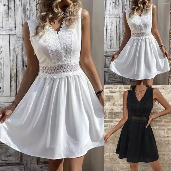 Lässige Kleider gegen Nacken sexy Faltenkleid Kleid Sommer Frauen elegante Damen Solid ärmellose schwarzweiß kurzer Vestido