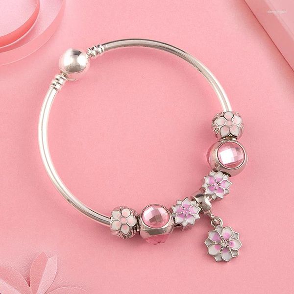 Charm Armbänder European American Trendy Einfacher rosa Emaille Cherry Blossoms Armreifen Armband Tibetan Silberkristallkugel Perle