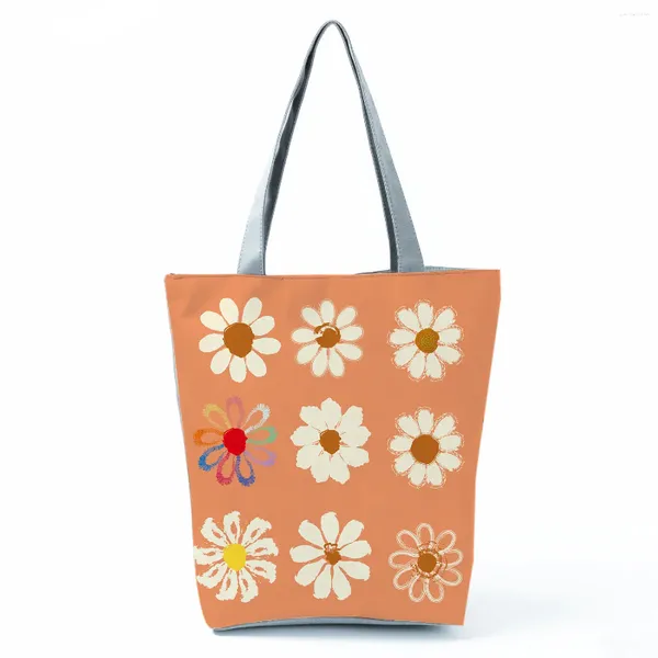 Bolsas de ombro bolsas estampadas de margarida floral bolsa de compras reutilizável Tote de alta capacidade Mulheres Orange Travel Beach Storage