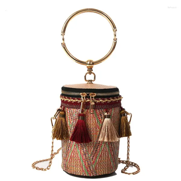 Bolsas de ombro de ombro de moda estilo étnico anel de mão única palha de palha tecido cilindro moeda de festas de balde de tamel pequena tassel