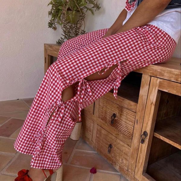 Frauenhose Frauen Frühling Sommer Y2K Plaid drucken losen langen Seiten Binde Weite Bein hohe Taille Gingham Hosen Lounge