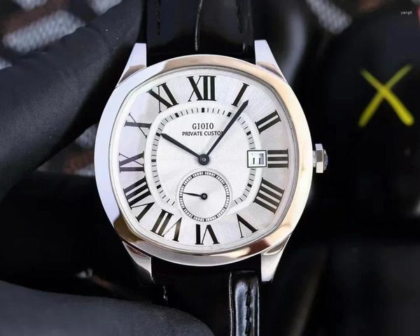 Armbanduhren Luxus Herren Automatische mechanische Uhr Schwarzbraune Leder Edelstahl Luminous Kalender Rome Weißes Zifferblatt