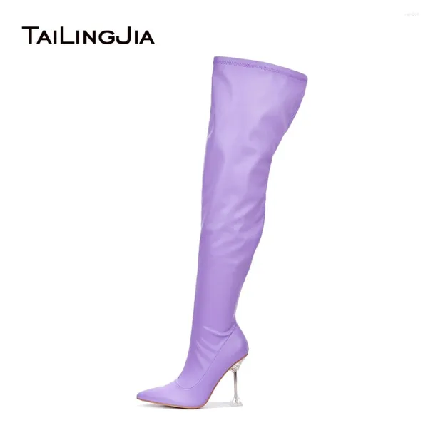 Stiefel Schöne Farbe Klassiker über den knielila Schuhen Oberschenkel High Heel Spitze Zeh klare Frauen Plus Größe