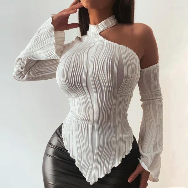Kadın Tişörtleri Beyaz Düzensiz Üstü Kadınlar 2024 Bahar Moda Out Flare Flare Uzun Kollu Kazak Gömlek Kadın Zarif Sıkı T-Shirt
