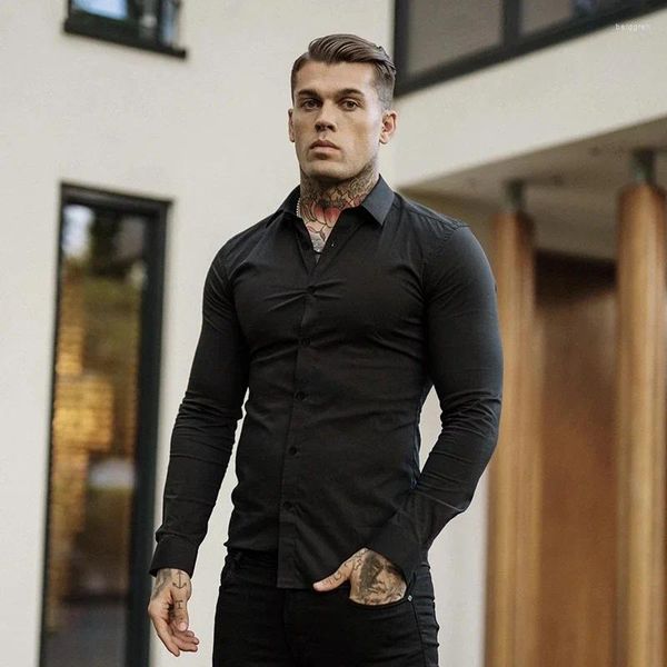 Мужские платья рубашки осень мода с длинным рукавом рубашка Mens Spring Super Slim Fit Casual Social Business Men Fitness Sports Clothing