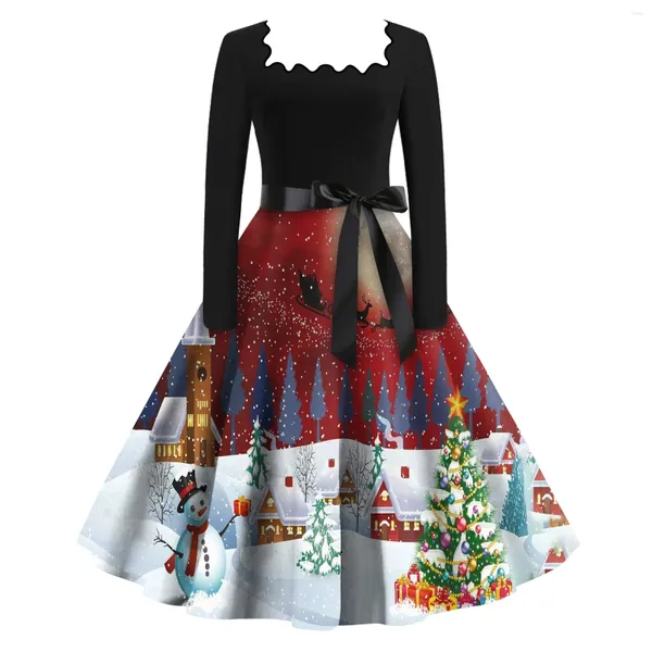 Sıradan Elbise Çöp Kadınlar İçin Noel Kış Pinup Rockabilly Square Boyun Zarif Parti Elbise 3D Baskı Kokteyl Prom