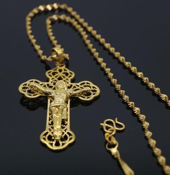 Классический стиль филигранку Иисус подвесной цепь 18K Желтый золото, заполненное женским мужским мужским подвесным ожерельем, распятие CHOKER9723369