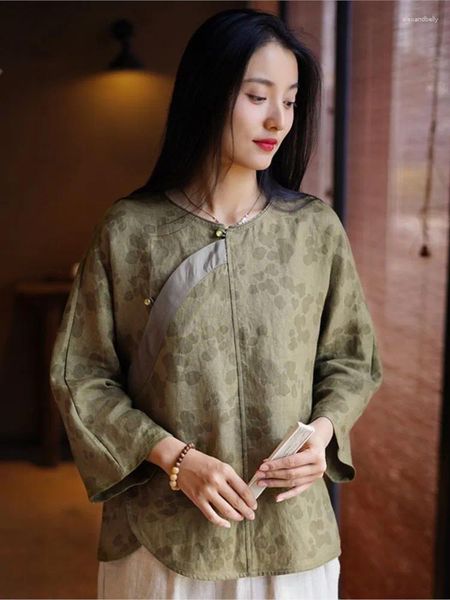 Женские блузки в китайском стиле стиль ретро-льна Рубашка Женщины 2024 Весна O-образная кнопка на косточке для кнопки для печати повседневные топы