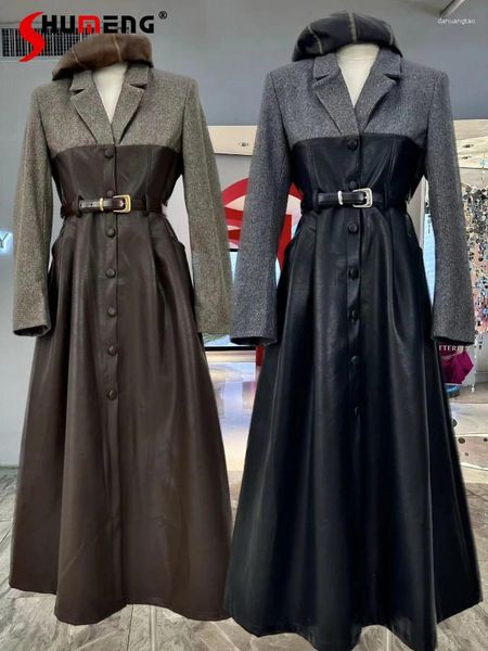Повседневные платья элегантные шерстяные лоскутные кадры длинные кожаные платья дамы 2024 зимний ретро-одноработальный костюм с ремнем с ремнем