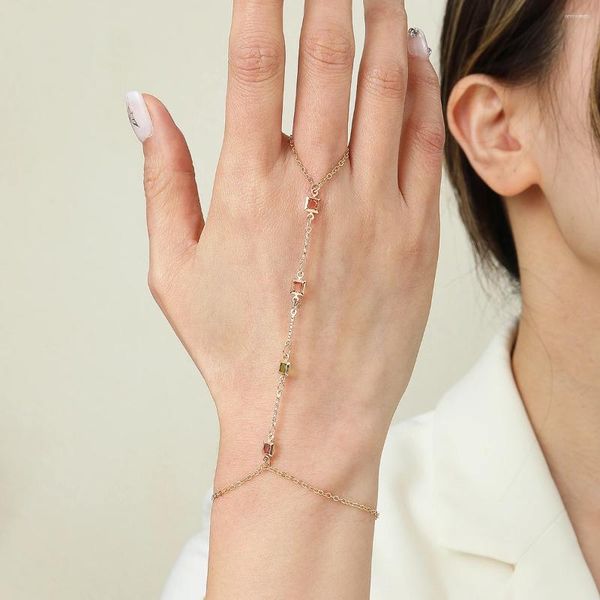 Bağlantı bilezikleri qiamni moda kristal bilek kablo demeti bilezik kolye bağlı metal parmak yüzüğü kadınlar için kız el zinciri bileklik takı