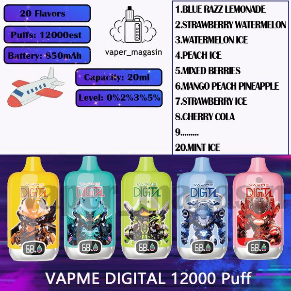 En çok satan Vapme Dijital 12000 Puf Teslim E-Cigarette 20 Tatlar 20ml Ön Yüklü Kartuş 0% 2% 3% 5% 5 Konsantrasyon 12K Puflar 850mAh Şarj Edilebilir E-Cigaret