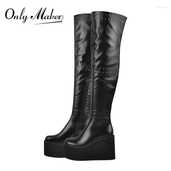 Stiefel einzigen Makler sexy Keile High Heels über den Knie Frauen dehnen lange Damen Nieten Frühling Herbst Winterlong Schuhe