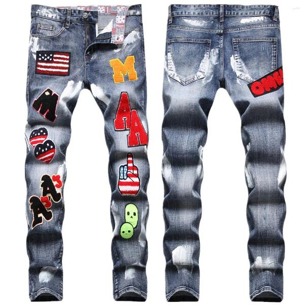 Jeans masculinos Europa e os Estados Unidos pintados à mão Personalidade de tinta branca Toalha bordada CLIMEIRO PEQUENO MENOS ATRADOS EXTENCIADOS