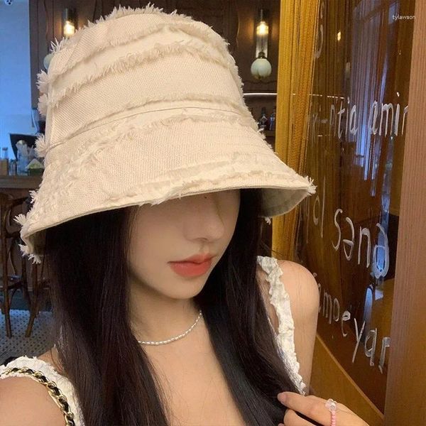 Boinas de cor de cor sólida Wear Women Women Bucket Hat Hat Japonês Fordable larga Pesca Panamã Cap Cap Hats Sun Travel Sun