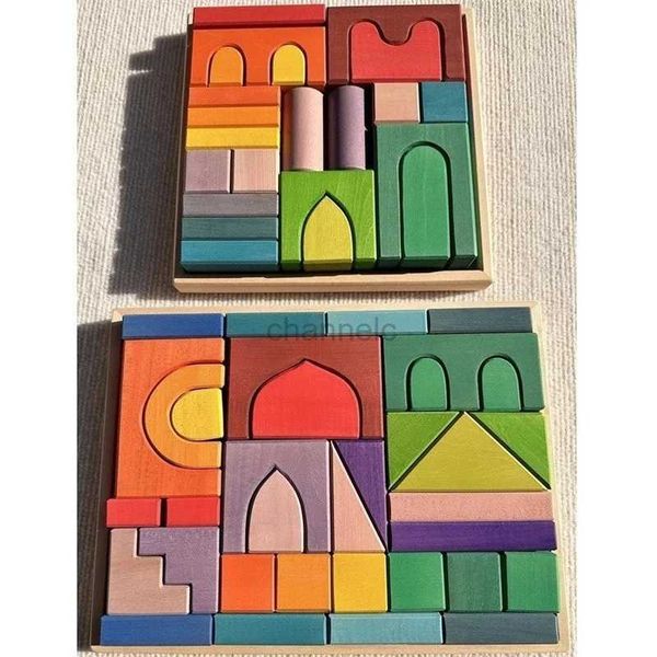 3D Puzzles Big Size Blocks de madeira Lime Rainbow Building Stacking Castel Step Shape Cubes Stones para crianças criativas de jogo 240419